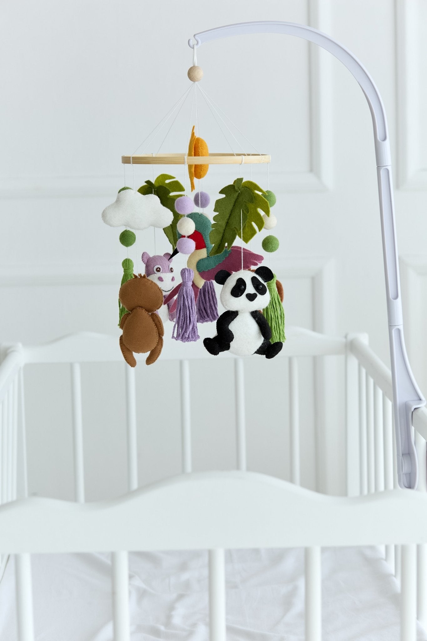 Felt Safari Baby Mobile – Panda, Monkey, Sloth & Hippo Nursery Decor - WoollyFox