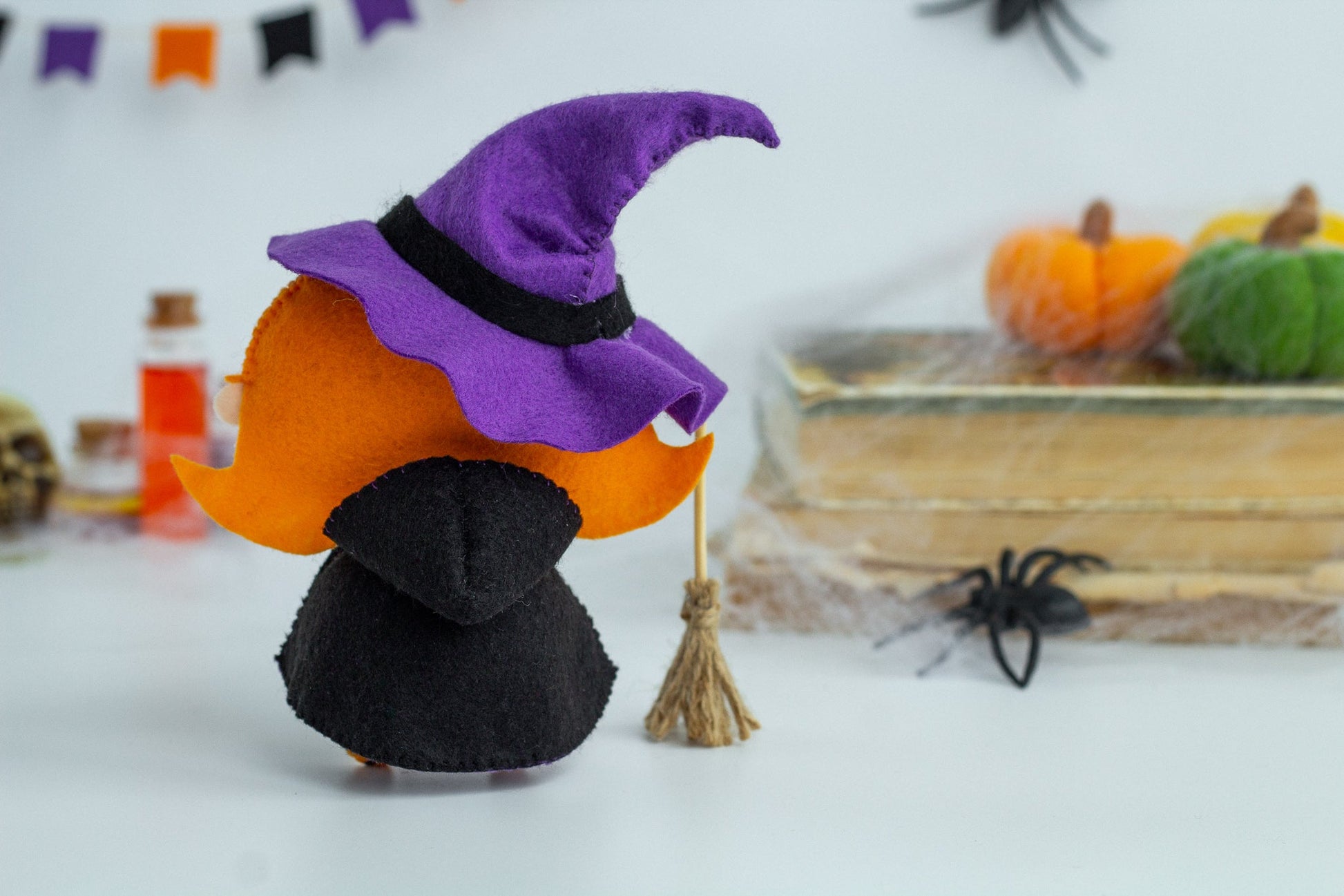 Felt Witch Ornament – Handmade Halloween Witch Doll with Broom - WoollyFox