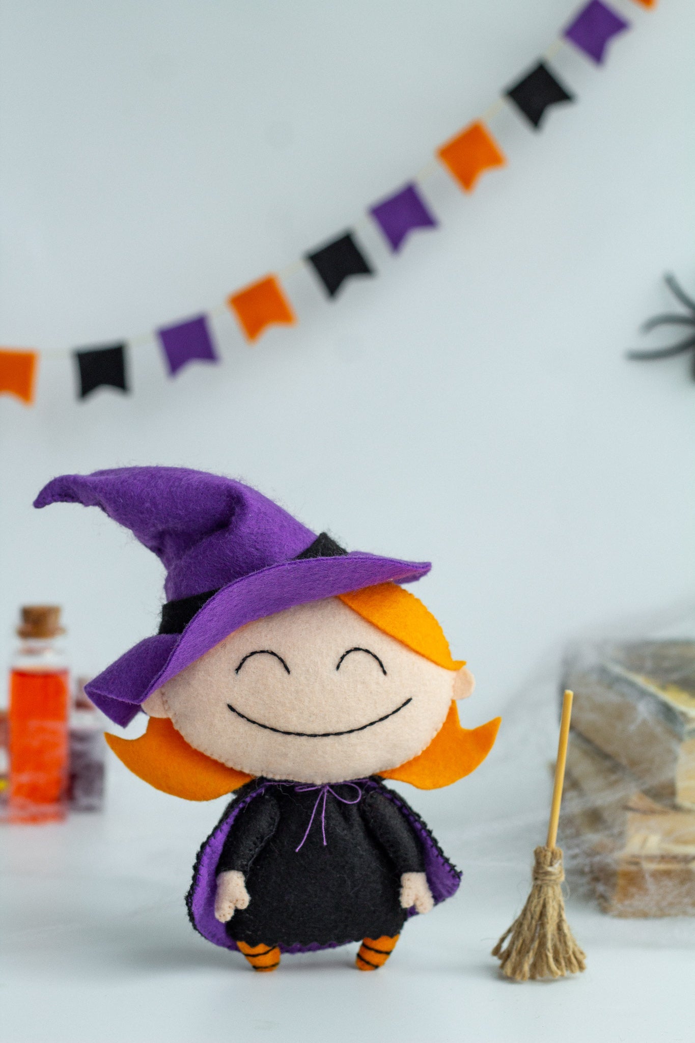 Felt Witch Ornament – Handmade Halloween Witch Doll with Broom - WoollyFox