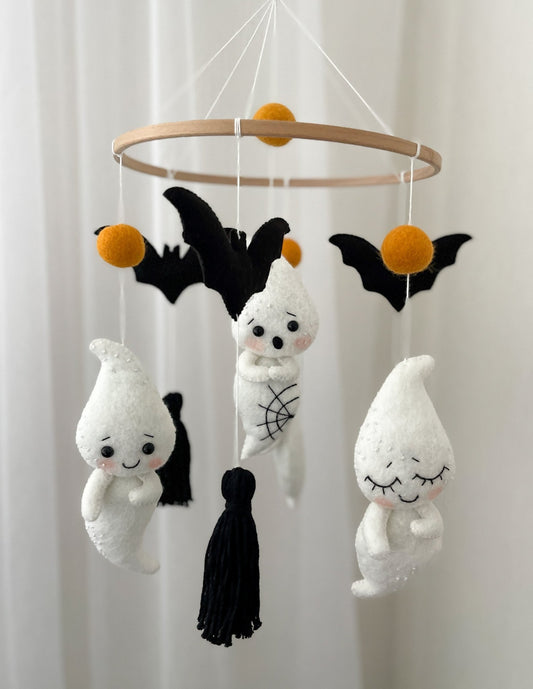 Ghost and Bat Baby Mobile – Halloween Nursery Decor in Black & White - WoollyFox