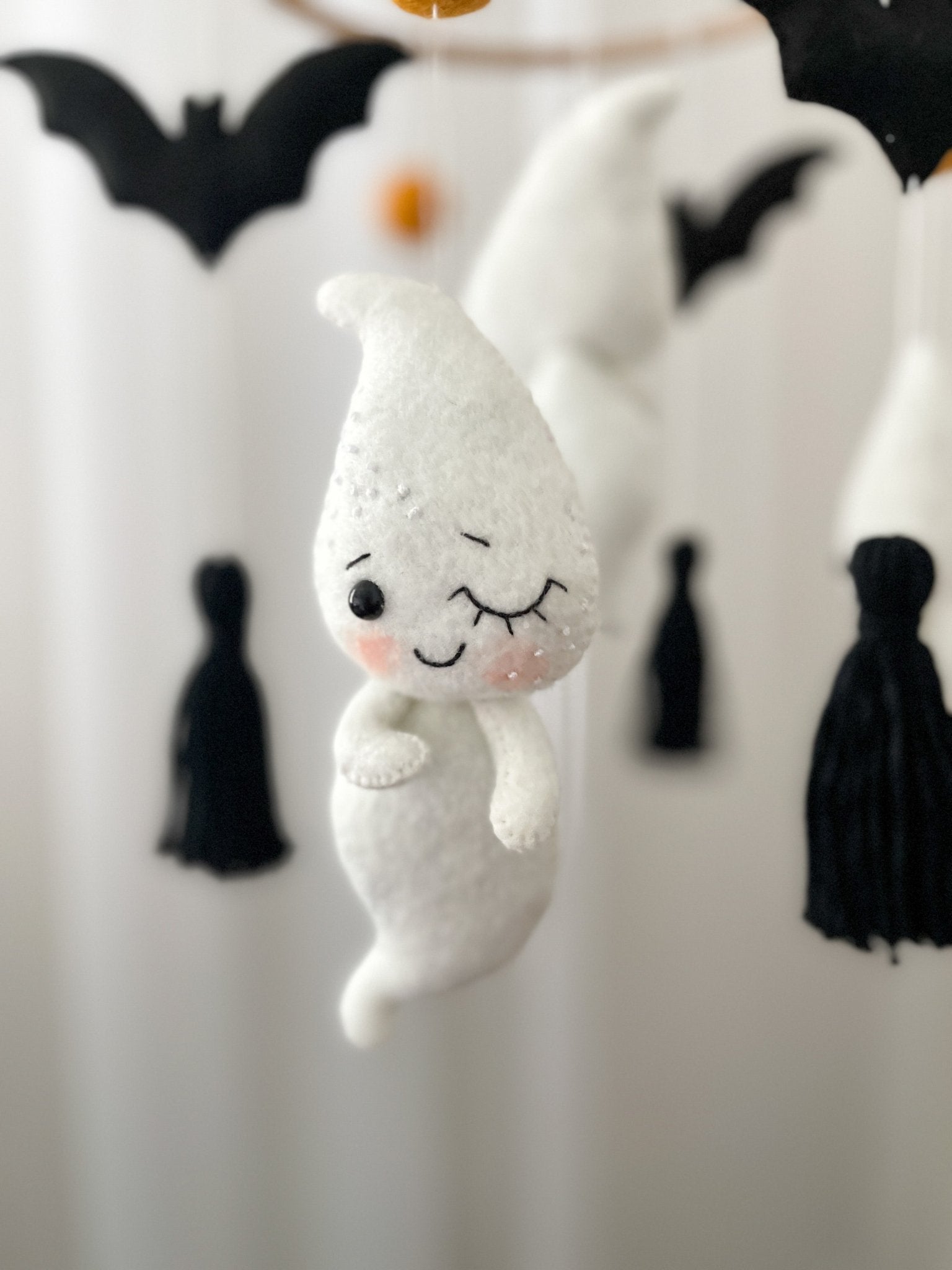 Ghost and Bat Baby Mobile – Halloween Nursery Decor in Black & White - WoollyFox