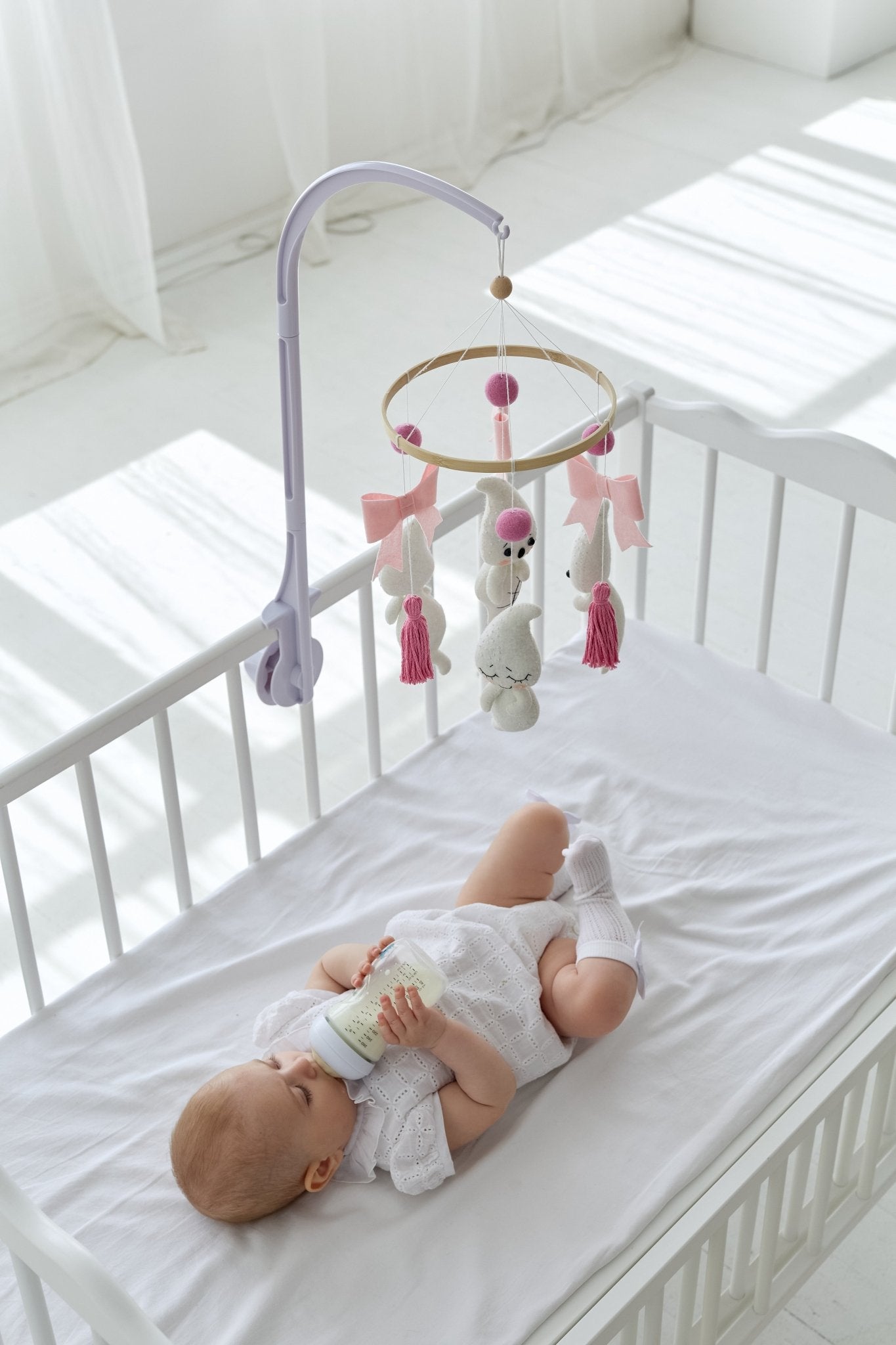 Ghost Baby Mobile – Handmade Crib Mobile with Pink Bows and Tassels for Baby Girl - WoollyFox
