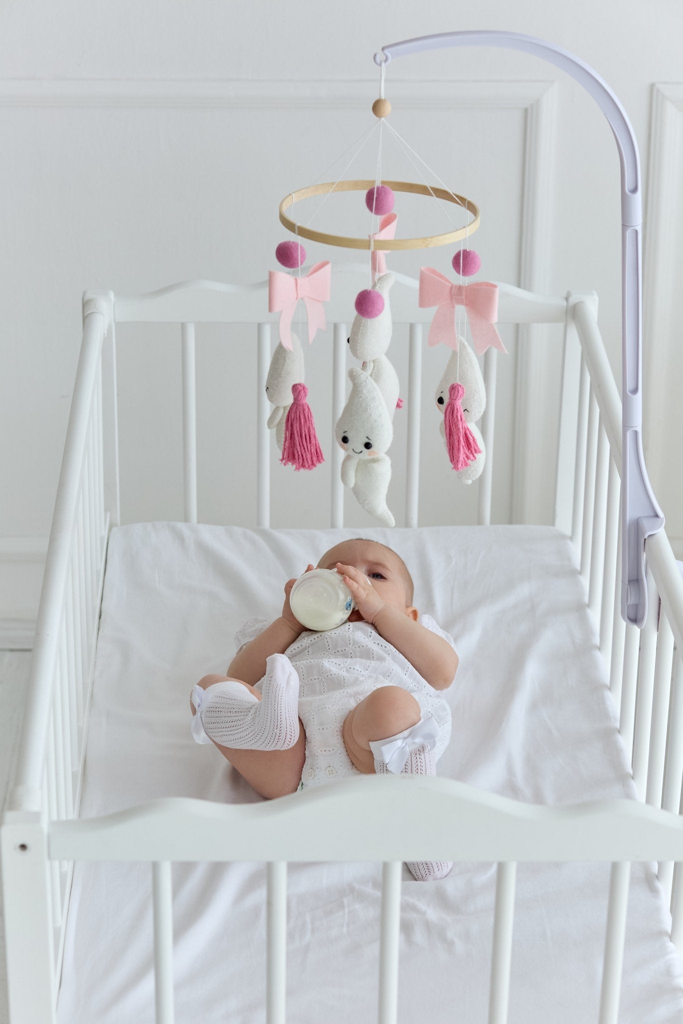 Ghost Baby Mobile – Handmade Crib Mobile with Pink Bows and Tassels for Baby Girl - WoollyFox
