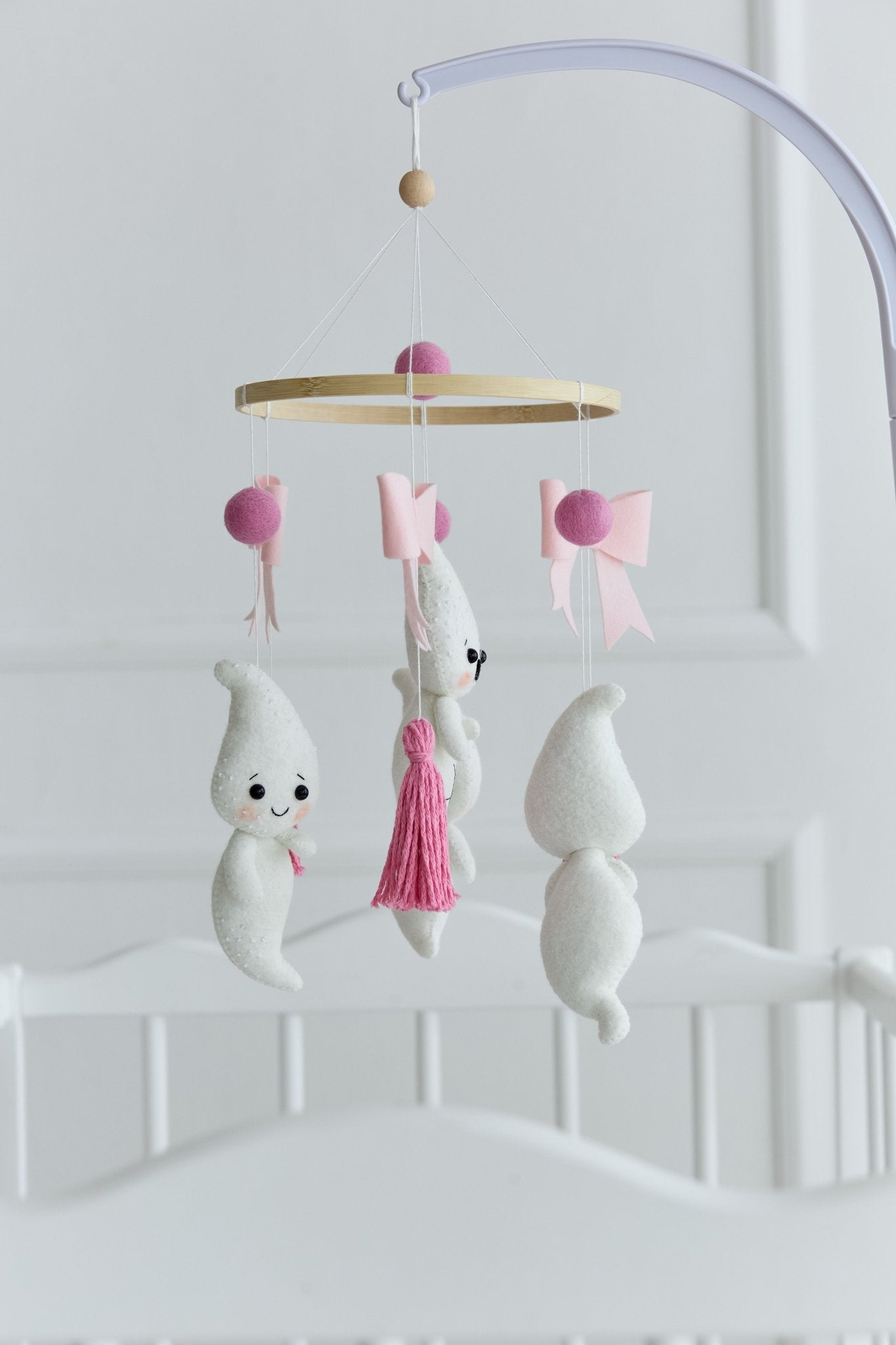 Ghost Baby Mobile – Handmade Crib Mobile with Pink Bows and Tassels for Baby Girl - WoollyFox