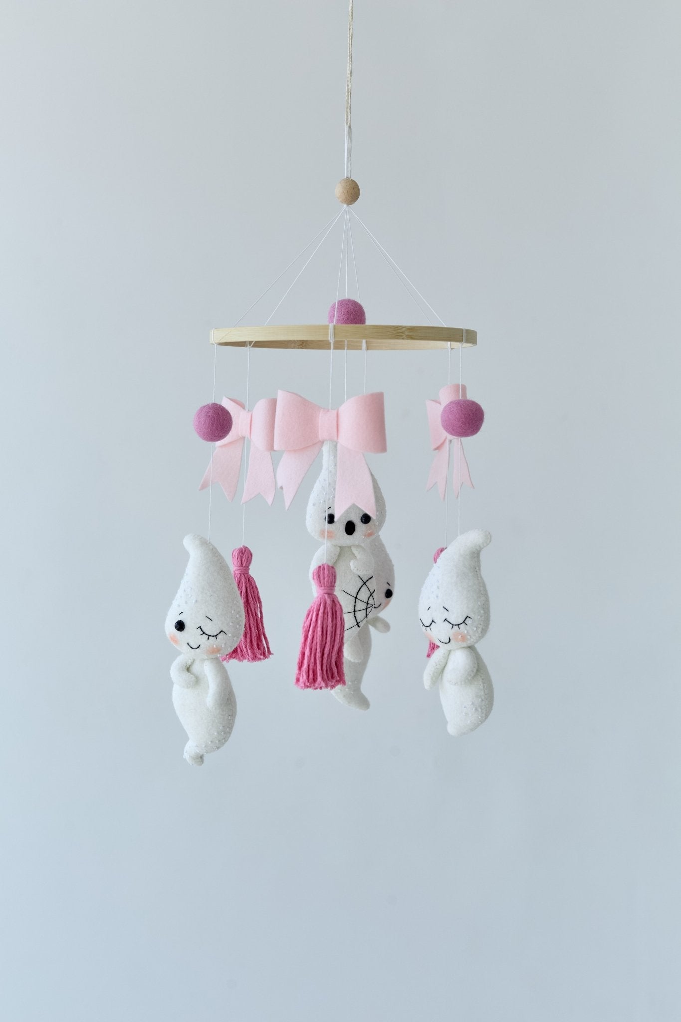 Ghost Baby Mobile – Handmade Crib Mobile with Pink Bows and Tassels for Baby Girl - WoollyFox
