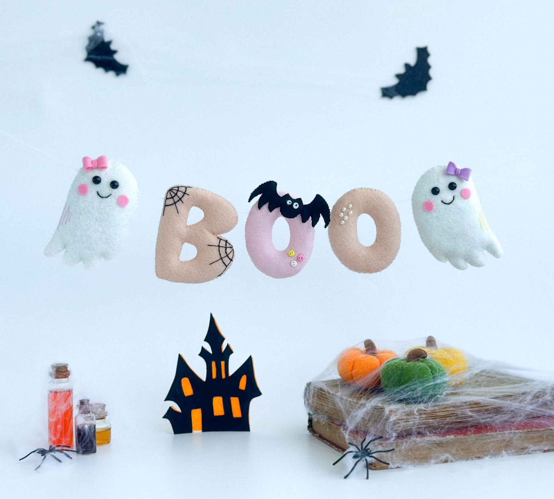 Ghost “BOO” Wall Hanging – Handmade Felt Halloween Garland with Ghosts, Bat & Letters - WoollyFox