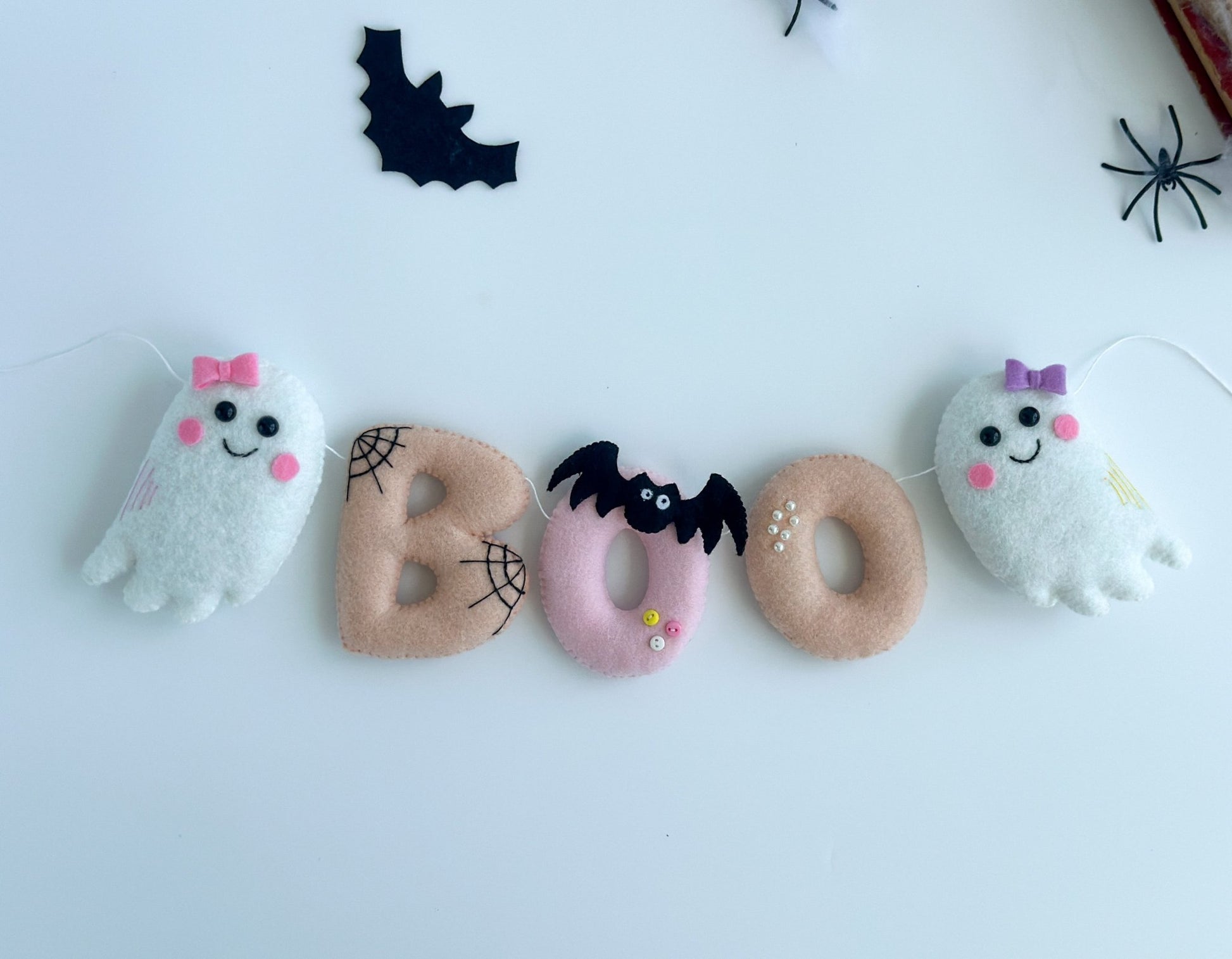 Ghost “BOO” Wall Hanging – Handmade Felt Halloween Garland with Ghosts, Bat & Letters - WoollyFox
