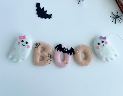 Ghost “BOO” Wall Hanging – Handmade Felt Halloween Garland with Ghosts, Bat & Letters - WoollyFox