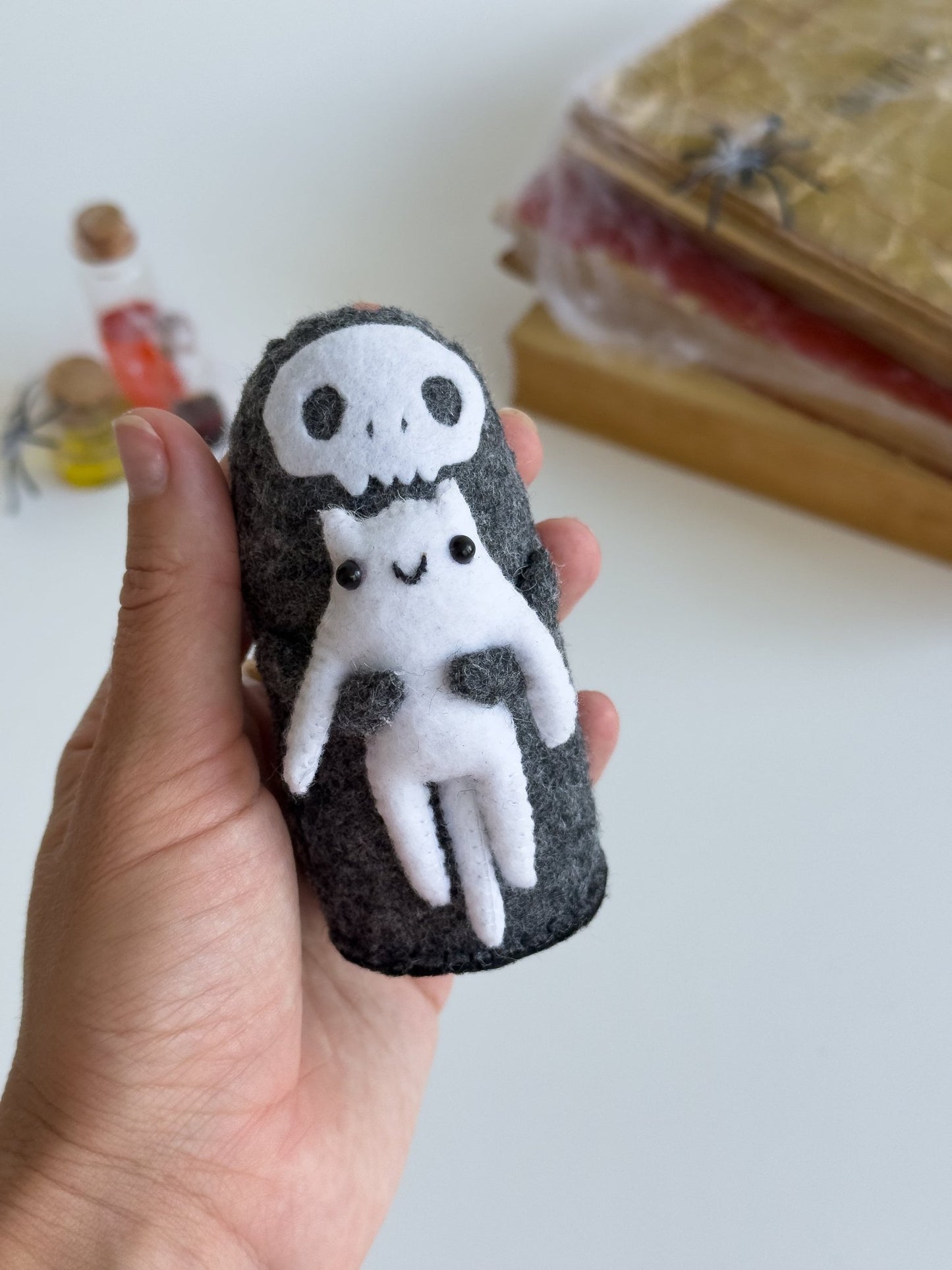 Grim Reaper with White Cat – Handmade Felt Halloween Plush Decoration - WoollyFox