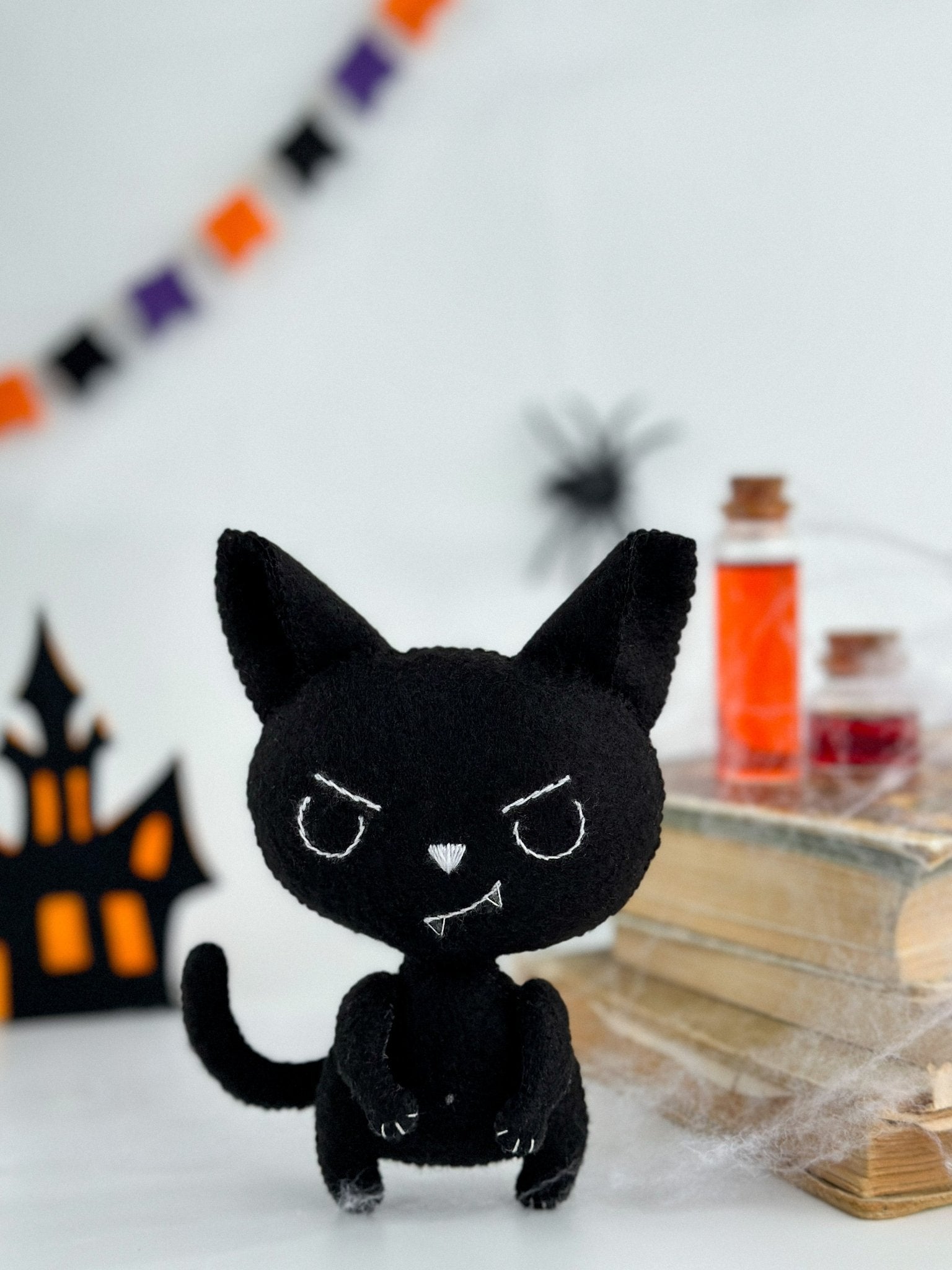 Halloween Black Cat Plush – Spooky Felt Ornament for Halloween Decor | Handmade Halloween Tree Decoration - WoollyFox