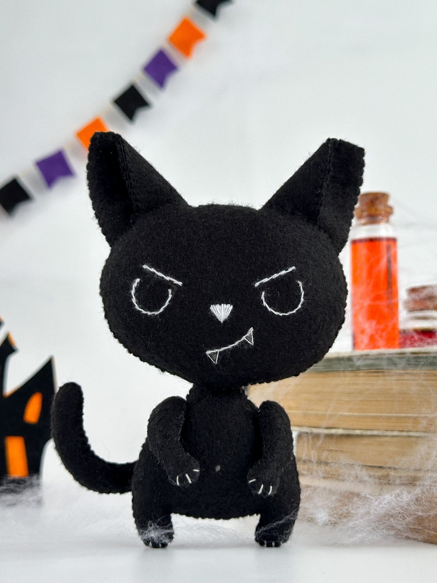 Halloween Black Cat Plush – Spooky Felt Ornament for Halloween Decor | Handmade Halloween Tree Decoration - WoollyFox