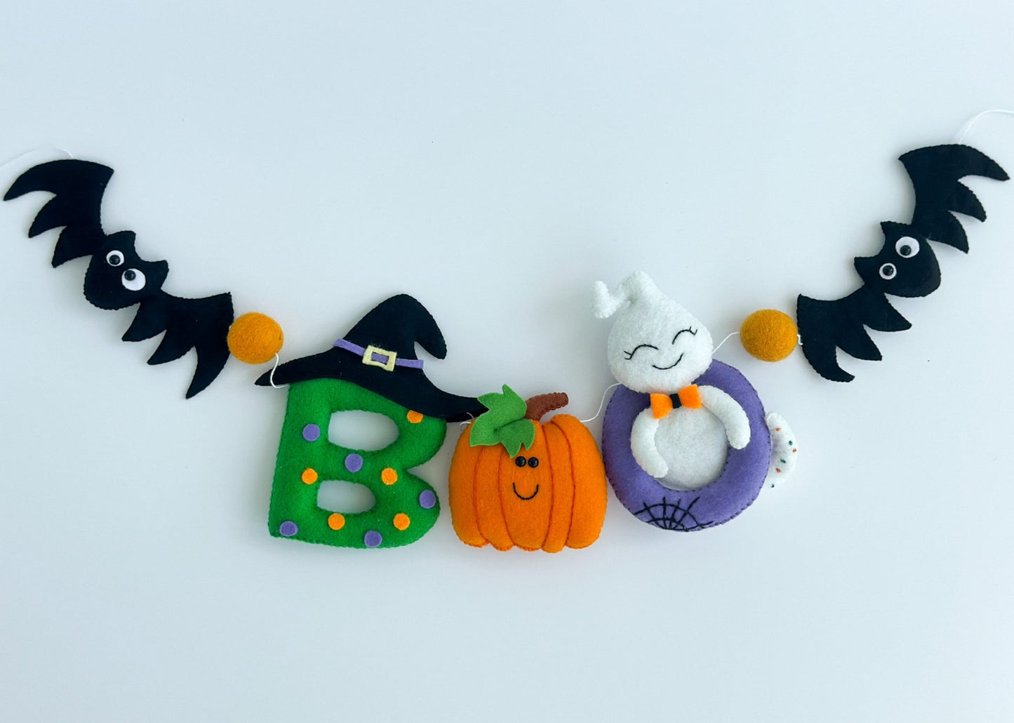 Halloween Felt Garland – Boo Banner with Ghost, Pumpkin & Bats – Handmade Spooky Decoration - WoollyFox