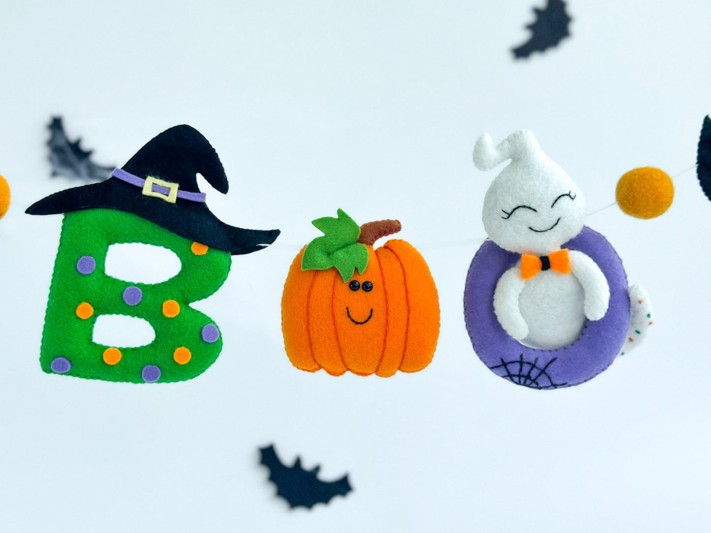 Halloween Felt Garland – Boo Banner with Ghost, Pumpkin & Bats – Handmade Spooky Decoration - WoollyFox