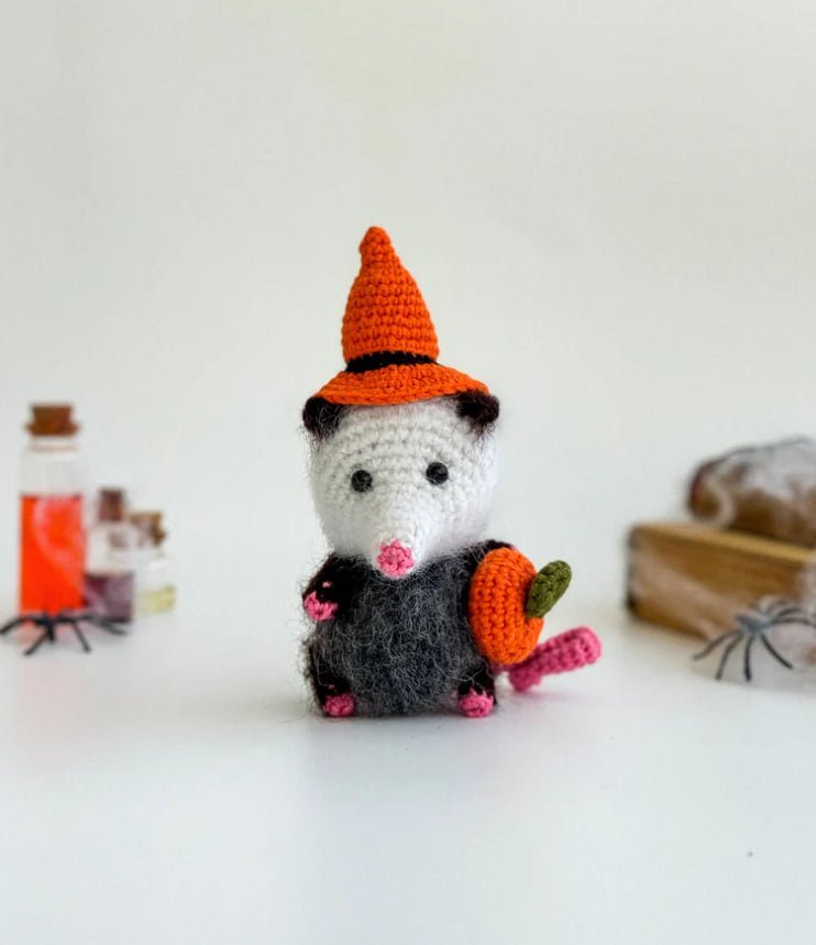 Halloween Opossum – Handmade Crochet Possum Ornament with Pumpkin – Spooky Cute Halloween Decoration - WoollyFox