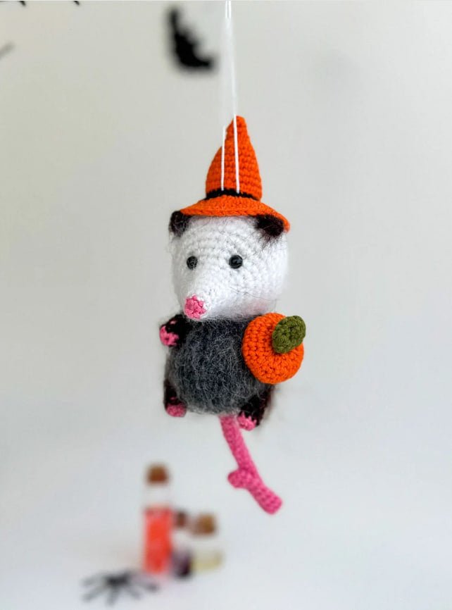 Halloween Opossum – Handmade Crochet Possum Ornament with Pumpkin – Spooky Cute Halloween Decoration - WoollyFox