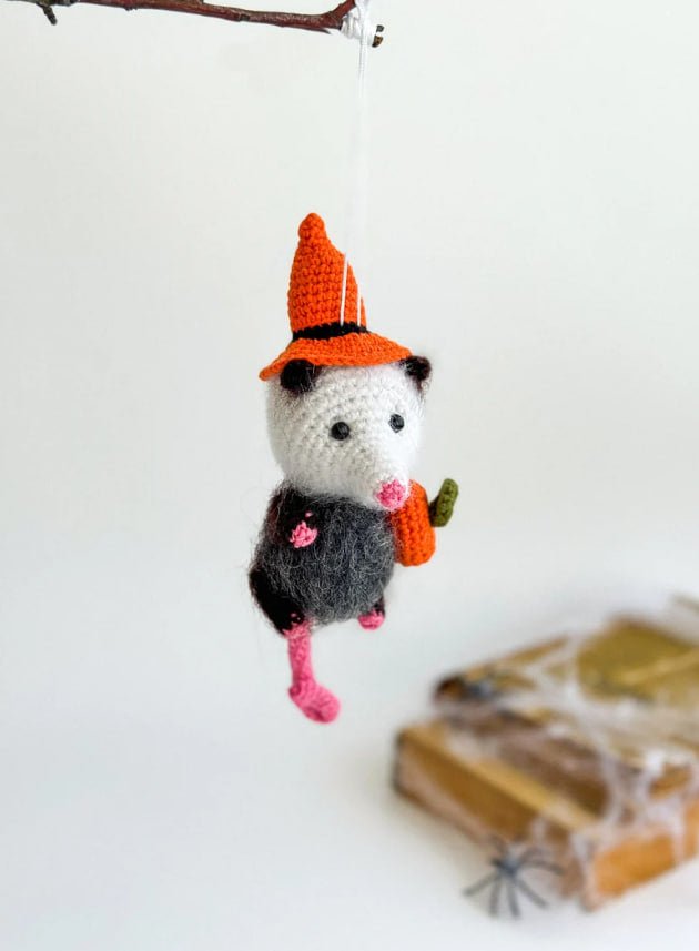 Halloween Opossum – Handmade Crochet Possum Ornament with Pumpkin – Spooky Cute Halloween Decoration - WoollyFox