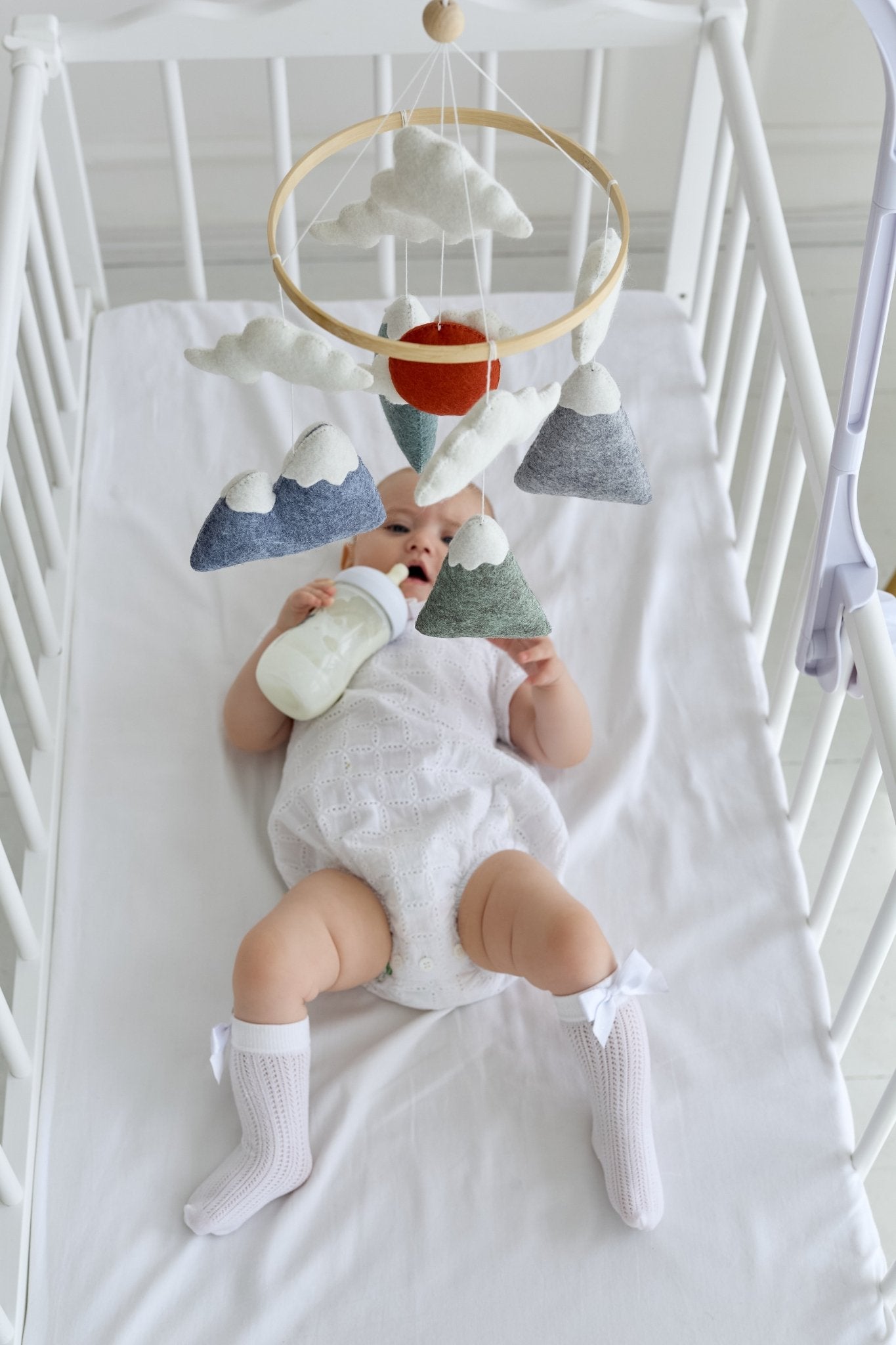 Mountain and Sun Baby Mobile – Handmade Felt Crib Mobile with Clouds for Nursery Decor - WoollyFox