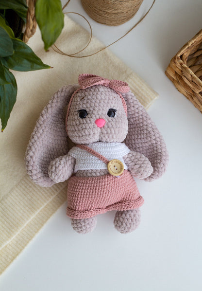 Pastel Plush Bunny in Overalls – Handmade Crochet Baby Gift - WoollyFox