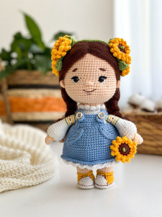Handmade Ukrainian crochet doll with sunflowers in traditional folk dress – amigurumi gift decor