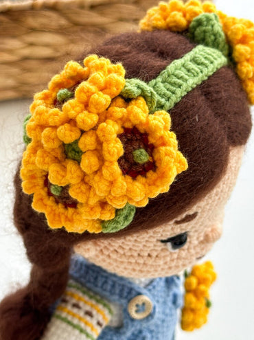 Handmade Ukrainian crochet doll with sunflowers in traditional folk dress – amigurumi gift decor