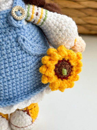 Handmade Ukrainian crochet doll with sunflowers in traditional folk dress – amigurumi gift decor