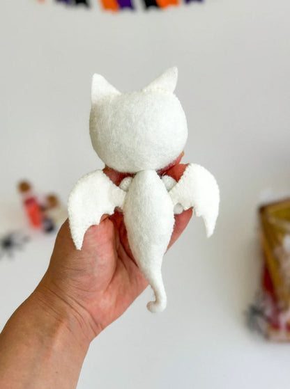 Felt Ghost Cat Ornament – Halloween Decoration with Stone Pumpkin