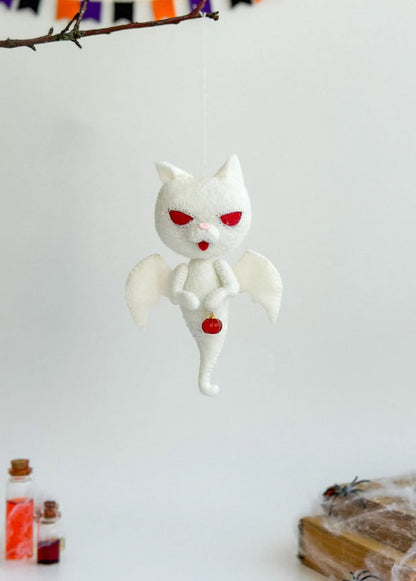 White felt ghost cat ornament – holding real stone pumpkin, 18×6.5 cm