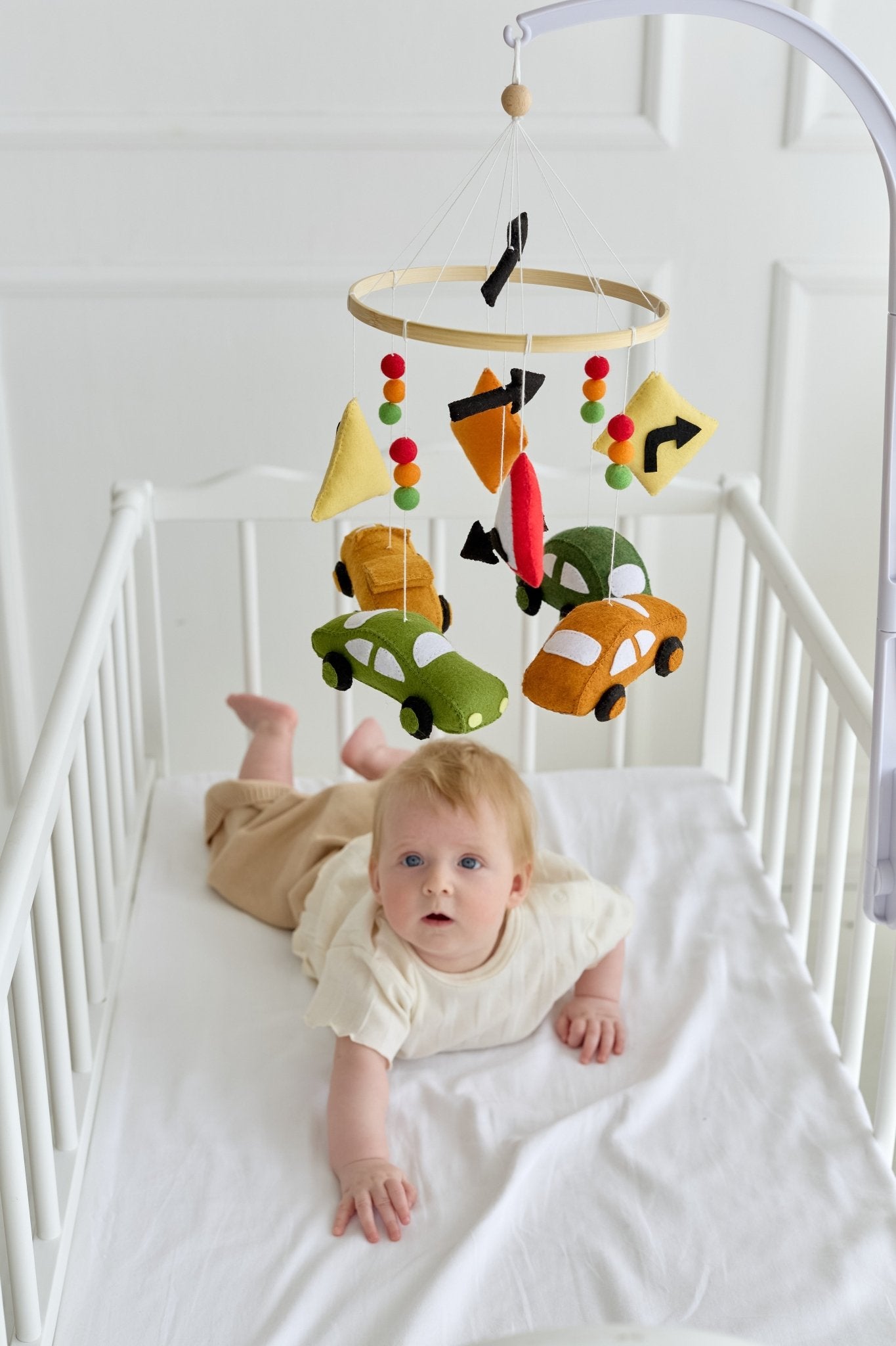 Road Trip Baby Mobile – Handmade Car Crib Mobile with Traffic Signs and Wool Balls - WoollyFox