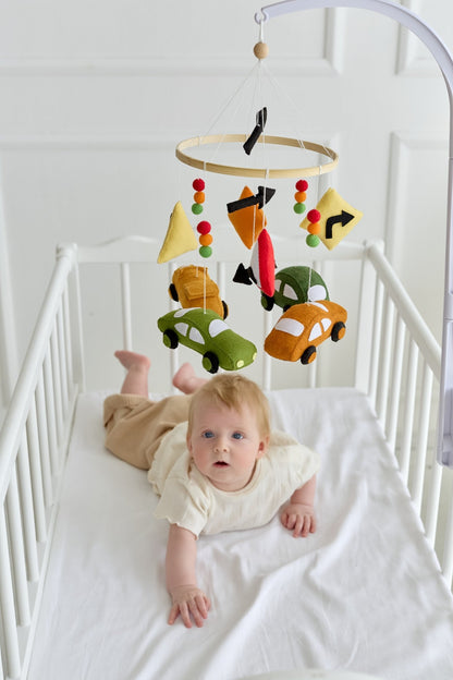 Road Trip Baby Mobile – Handmade Car Crib Mobile with Traffic Signs and Wool Balls - WoollyFox