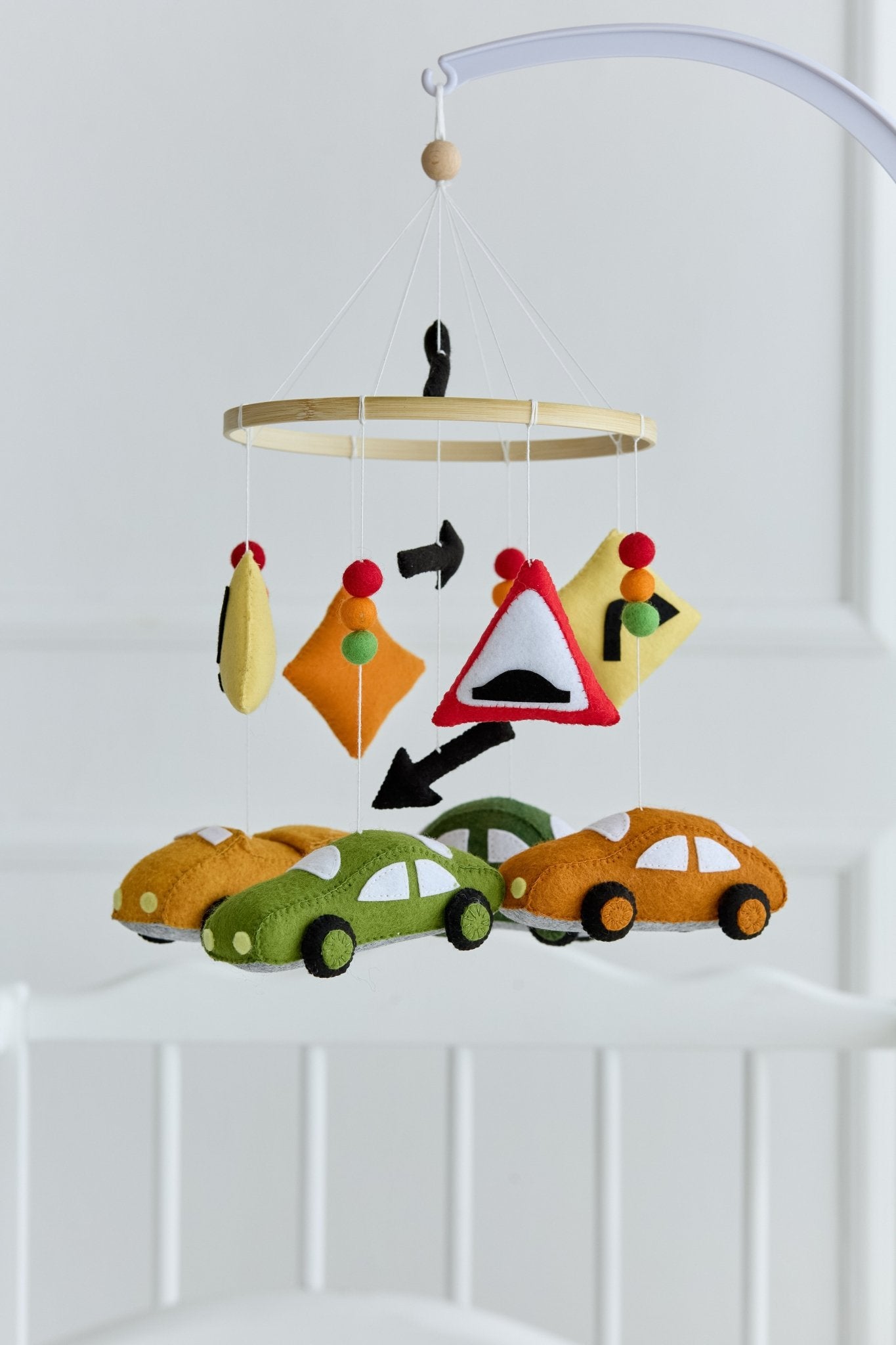Road Trip Baby Mobile – Handmade Car Crib Mobile with Traffic Signs and Wool Balls - WoollyFox
