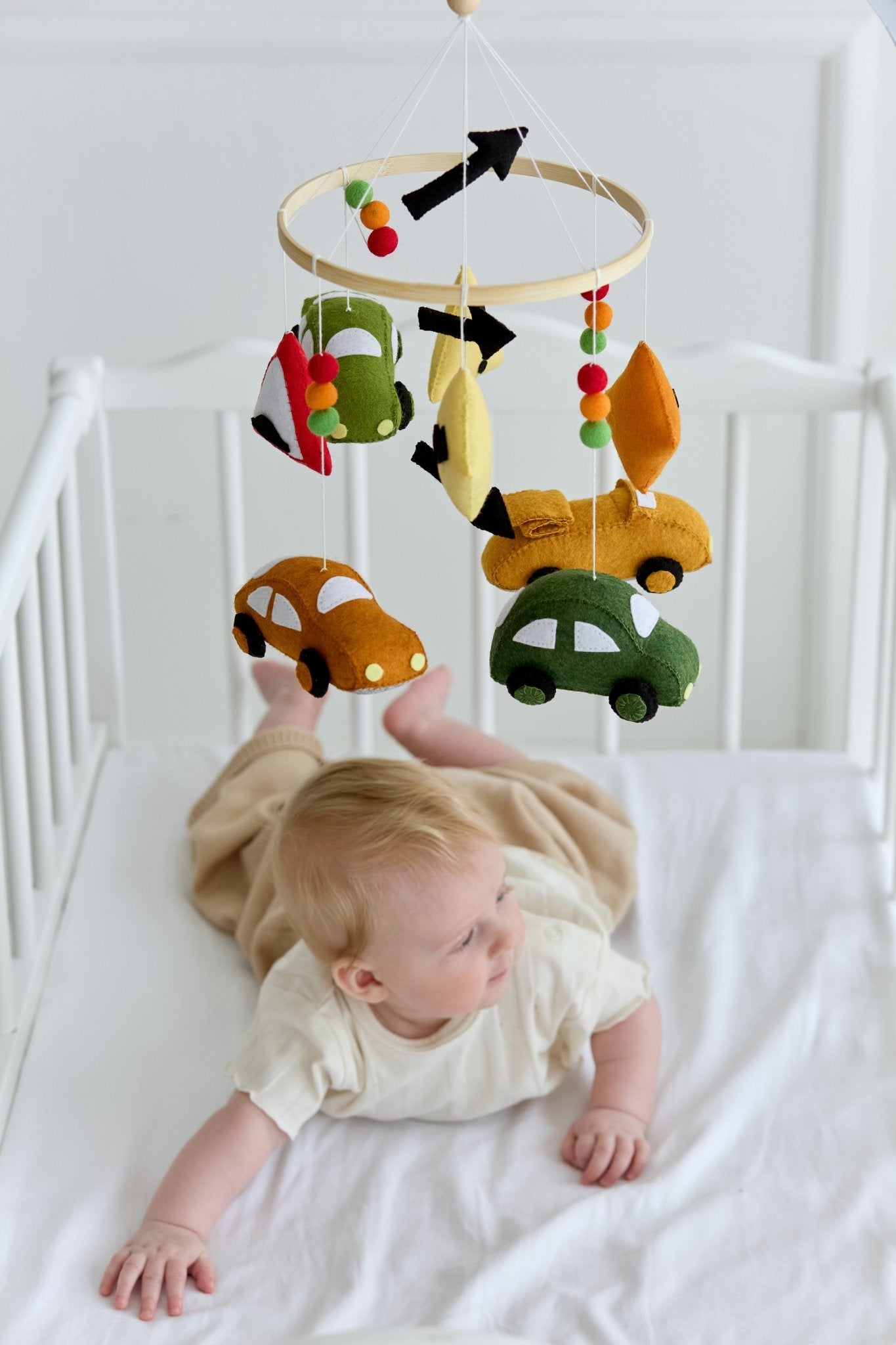 Road Trip Baby Mobile – Handmade Car Crib Mobile with Traffic Signs and Wool Balls - WoollyFox