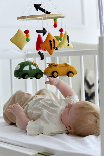 Road Trip Baby Mobile – Handmade Car Crib Mobile with Traffic Signs and Wool Balls - WoollyFox