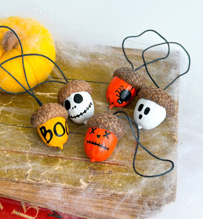 Set of 13 Halloween Acorn Ornaments – Hand - Painted Fall Decor for Halloween Tree or Autumn Table - WoollyFox