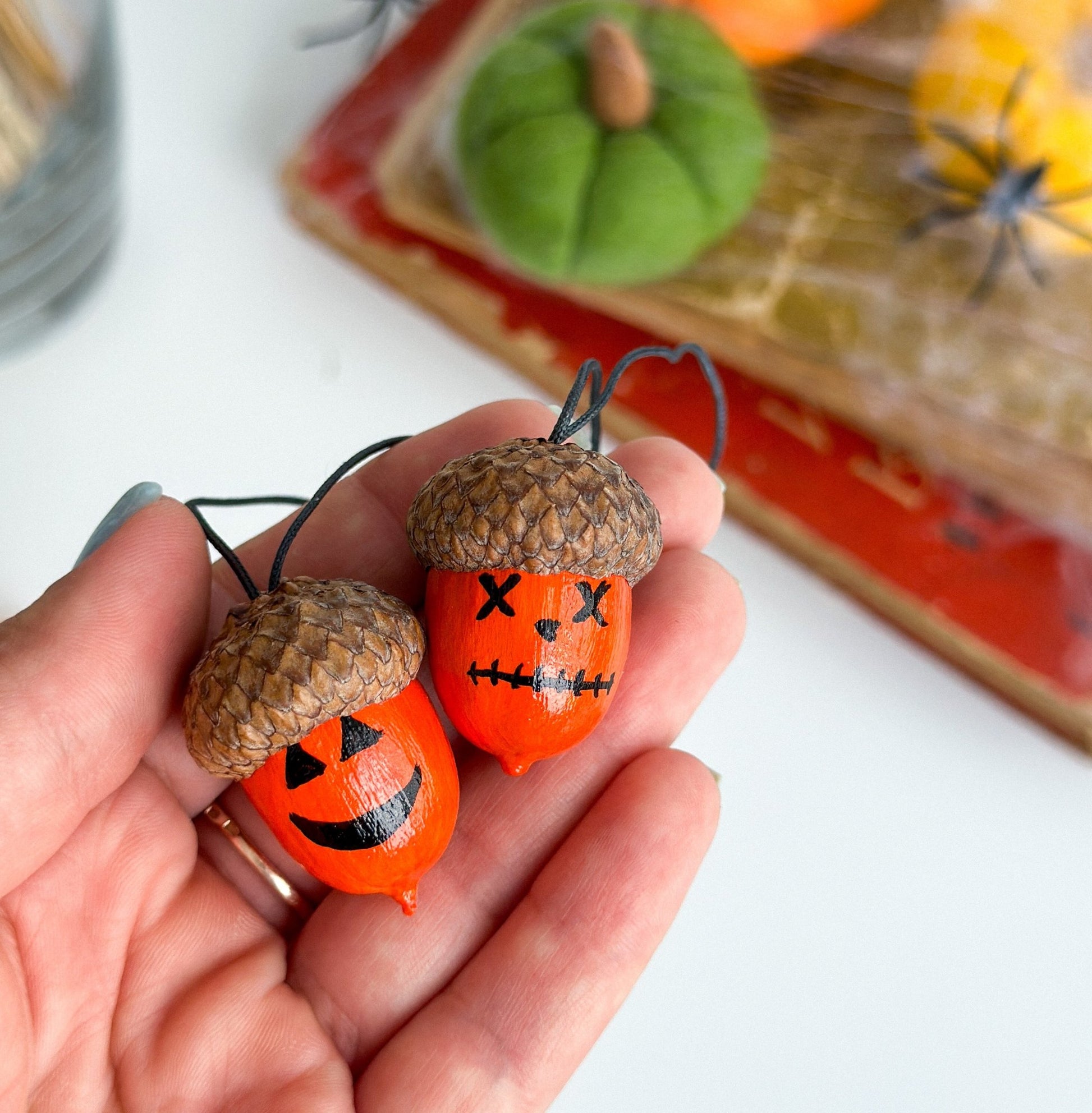 Set of 13 Halloween Acorn Ornaments – Hand - Painted Fall Decor for Halloween Tree or Autumn Table - WoollyFox