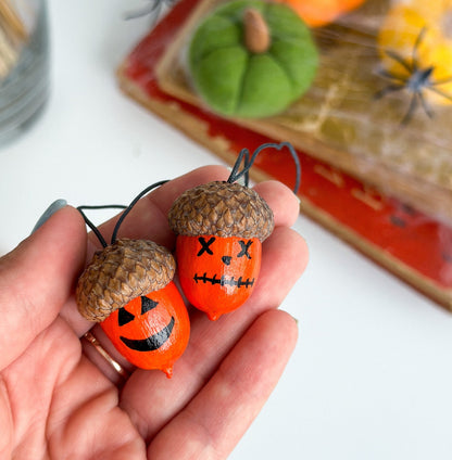 Set of 13 Halloween Acorn Ornaments – Hand - Painted Fall Decor for Halloween Tree or Autumn Table - WoollyFox