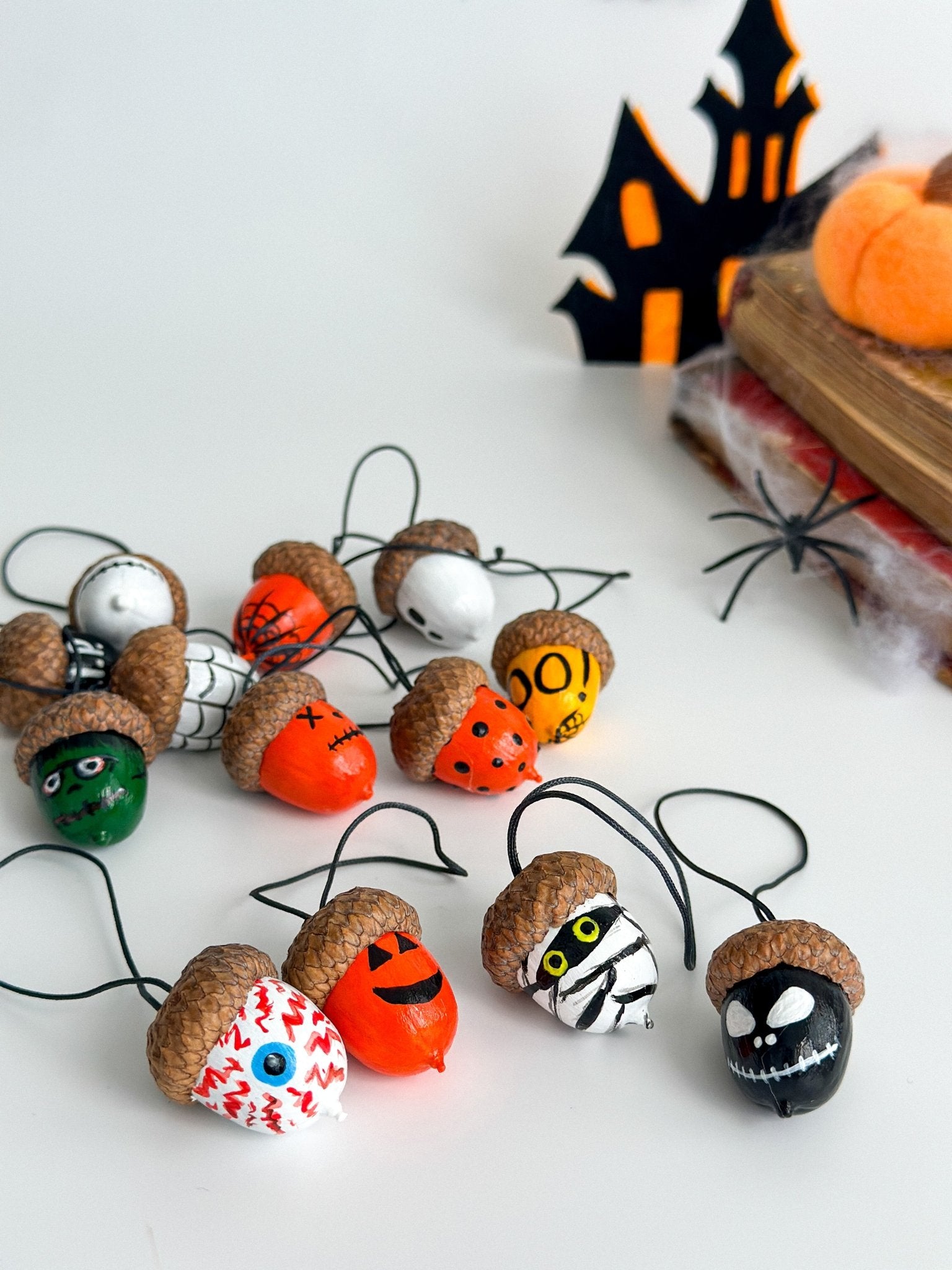Set of 13 Halloween Acorn Ornaments – Hand - Painted Fall Decor for Halloween Tree or Autumn Table - WoollyFox