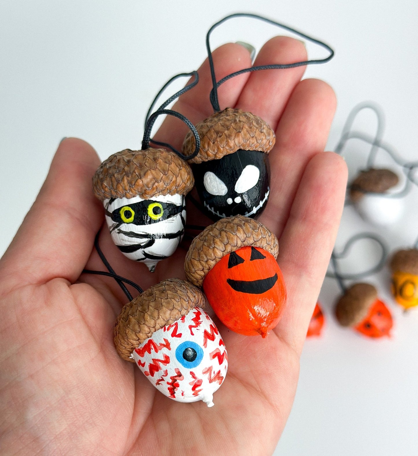 Set of 13 Halloween Acorn Ornaments – Hand - Painted Fall Decor for Halloween Tree or Autumn Table - WoollyFox