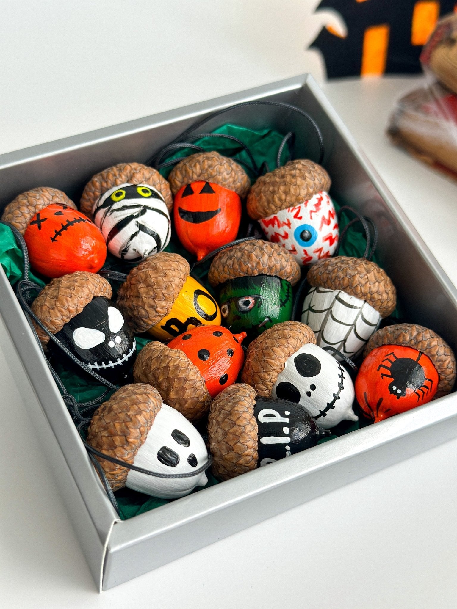 Set of 13 Halloween Acorn Ornaments – Hand - Painted Fall Decor for Halloween Tree or Autumn Table - WoollyFox