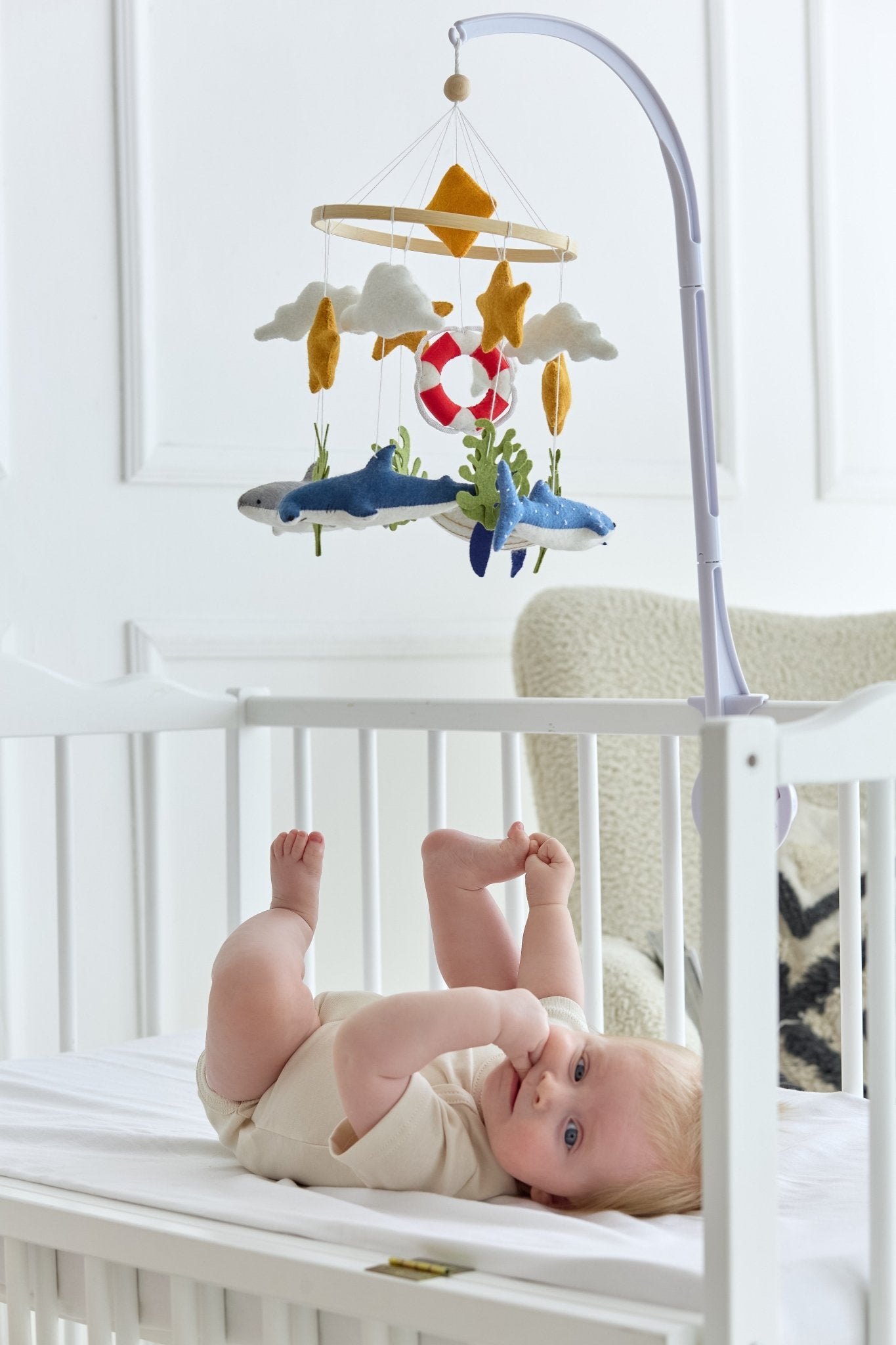 Shark & Whale Ocean Baby Mobile – Handmade Felt Crib Mobile for Nautical Nursery - WoollyFox