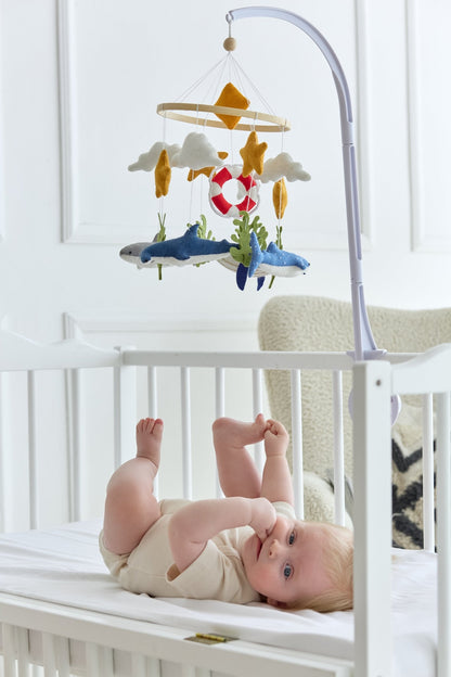 Shark & Whale Ocean Baby Mobile – Handmade Felt Crib Mobile for Nautical Nursery - WoollyFox