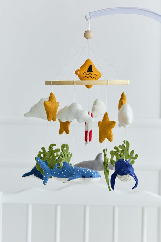 Shark & Whale Ocean Baby Mobile – Handmade Felt Crib Mobile for Nautical Nursery - WoollyFox
