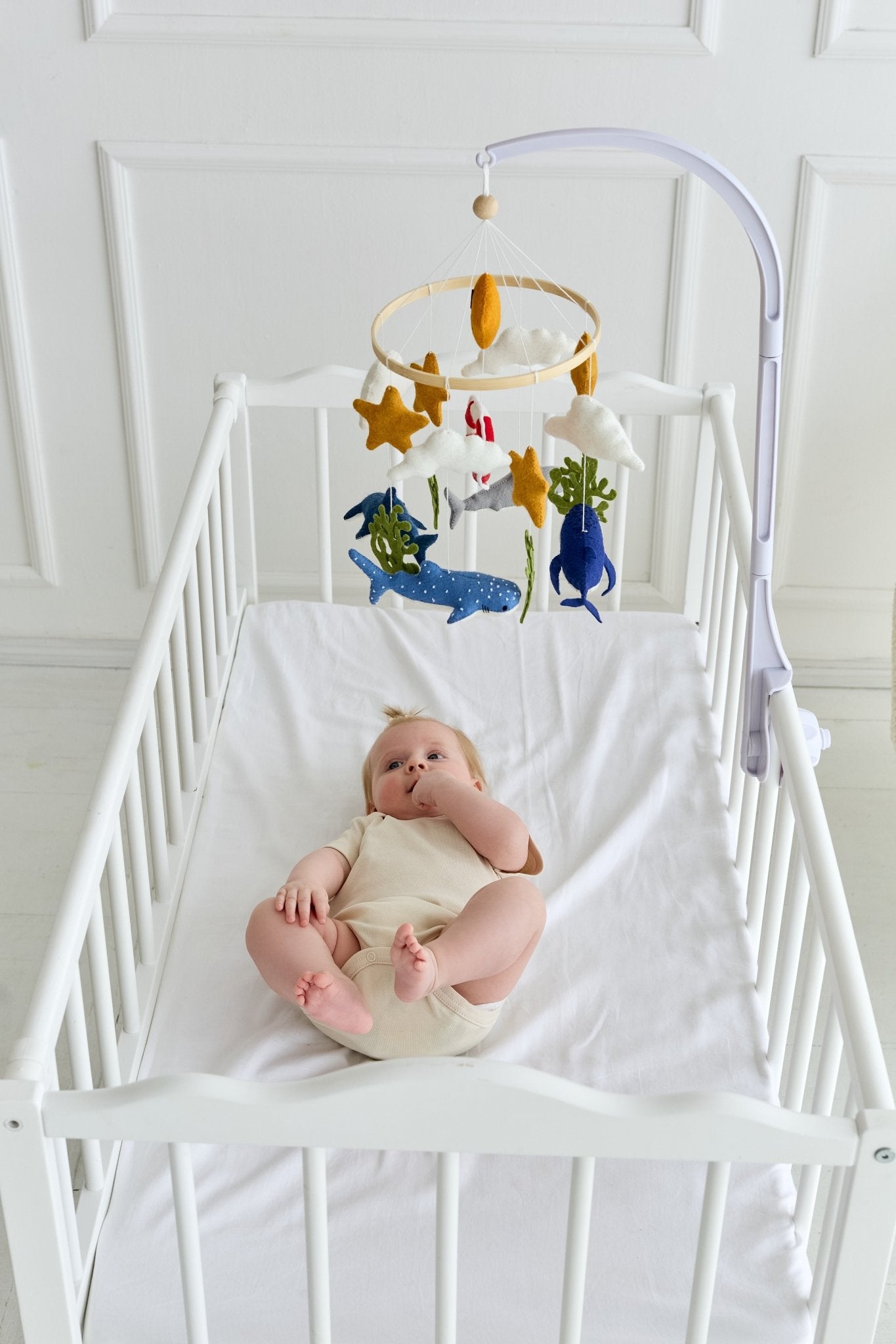 Shark & Whale Ocean Baby Mobile – Handmade Felt Crib Mobile for Nautical Nursery - WoollyFox