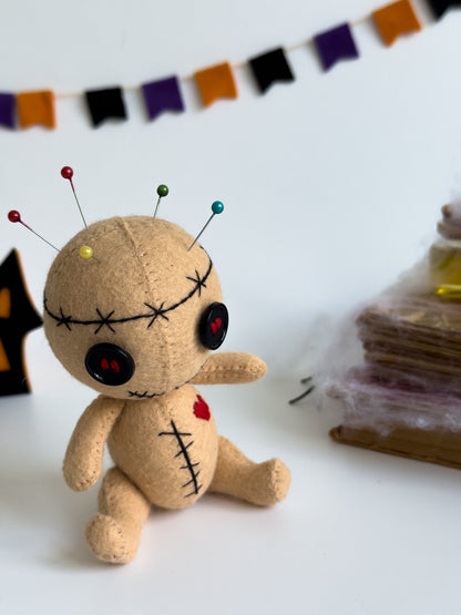 Voodoo Doll Plush – Handmade Felt Voodoo Plushie with Button Eyes – Halloween Decor – Spooky Gift (5 inch) - WoollyFox