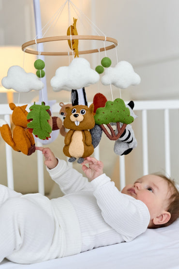 Woodland Animal Baby Mobile – Handmade Felt Crib Mobile with Fox, Beaver, Raccoon, Woodpecker & Otter - WoollyFox