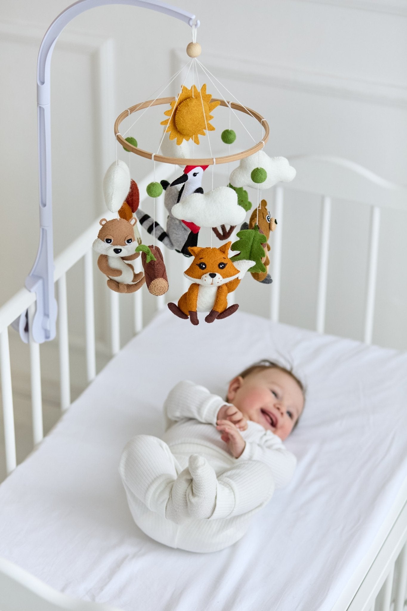 Woodland Animal Baby Mobile – Handmade Felt Crib Mobile with Fox, Beaver, Raccoon, Woodpecker & Otter - WoollyFox