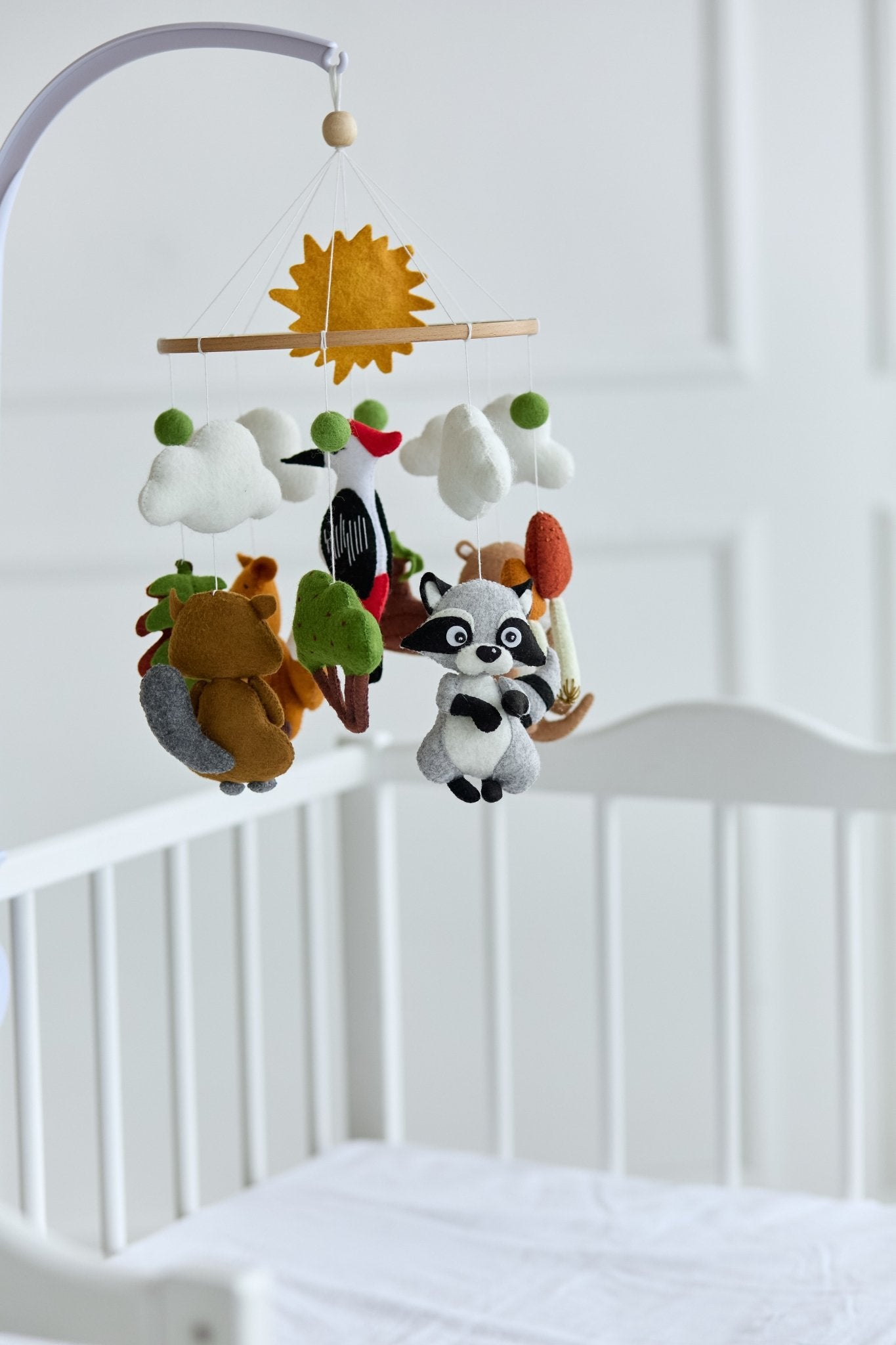 Woodland Animal Baby Mobile – Handmade Felt Crib Mobile with Fox, Beaver, Raccoon, Woodpecker & Otter - WoollyFox