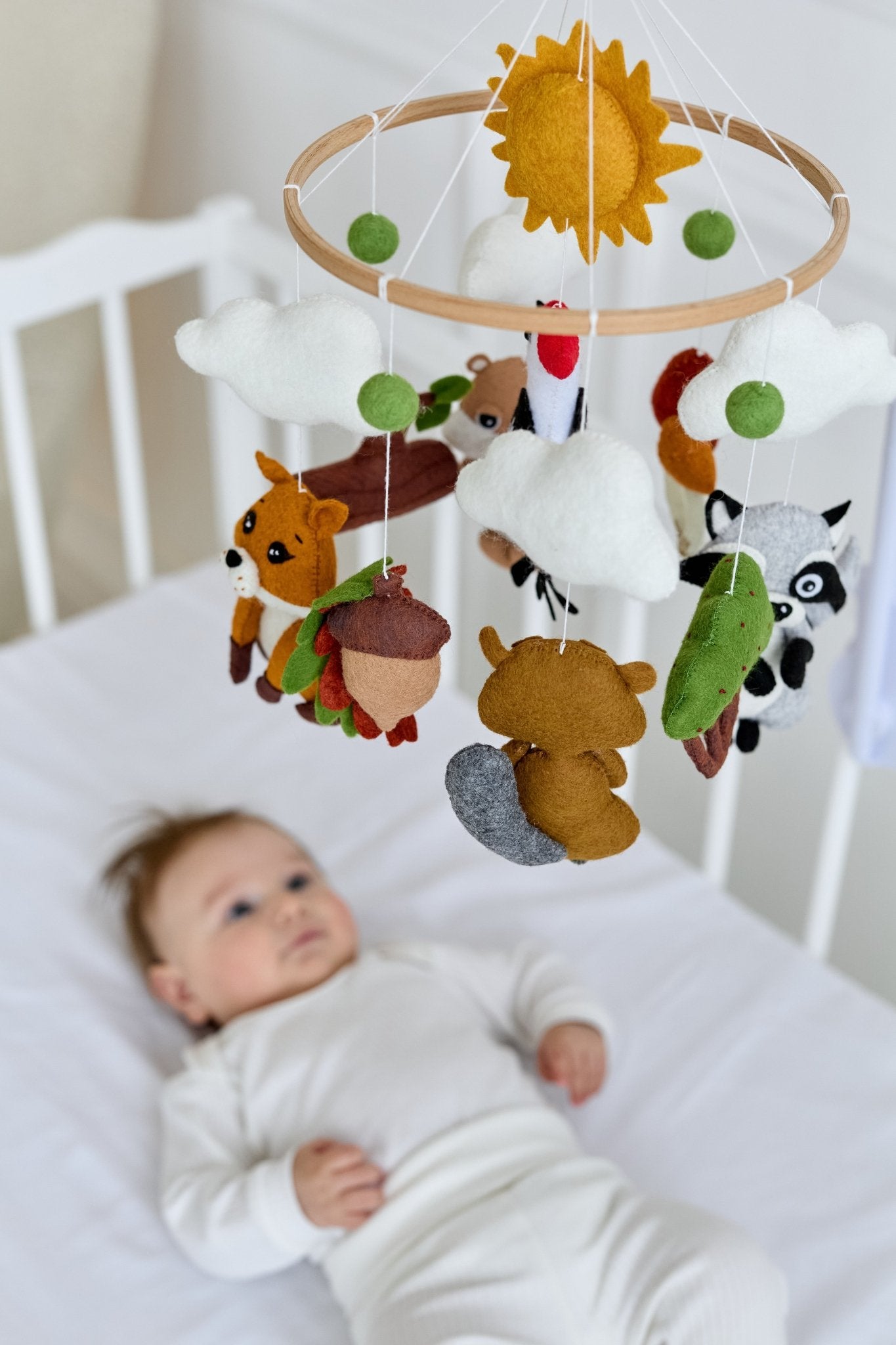Woodland Animal Baby Mobile – Handmade Felt Crib Mobile with Fox, Beaver, Raccoon, Woodpecker & Otter - WoollyFox