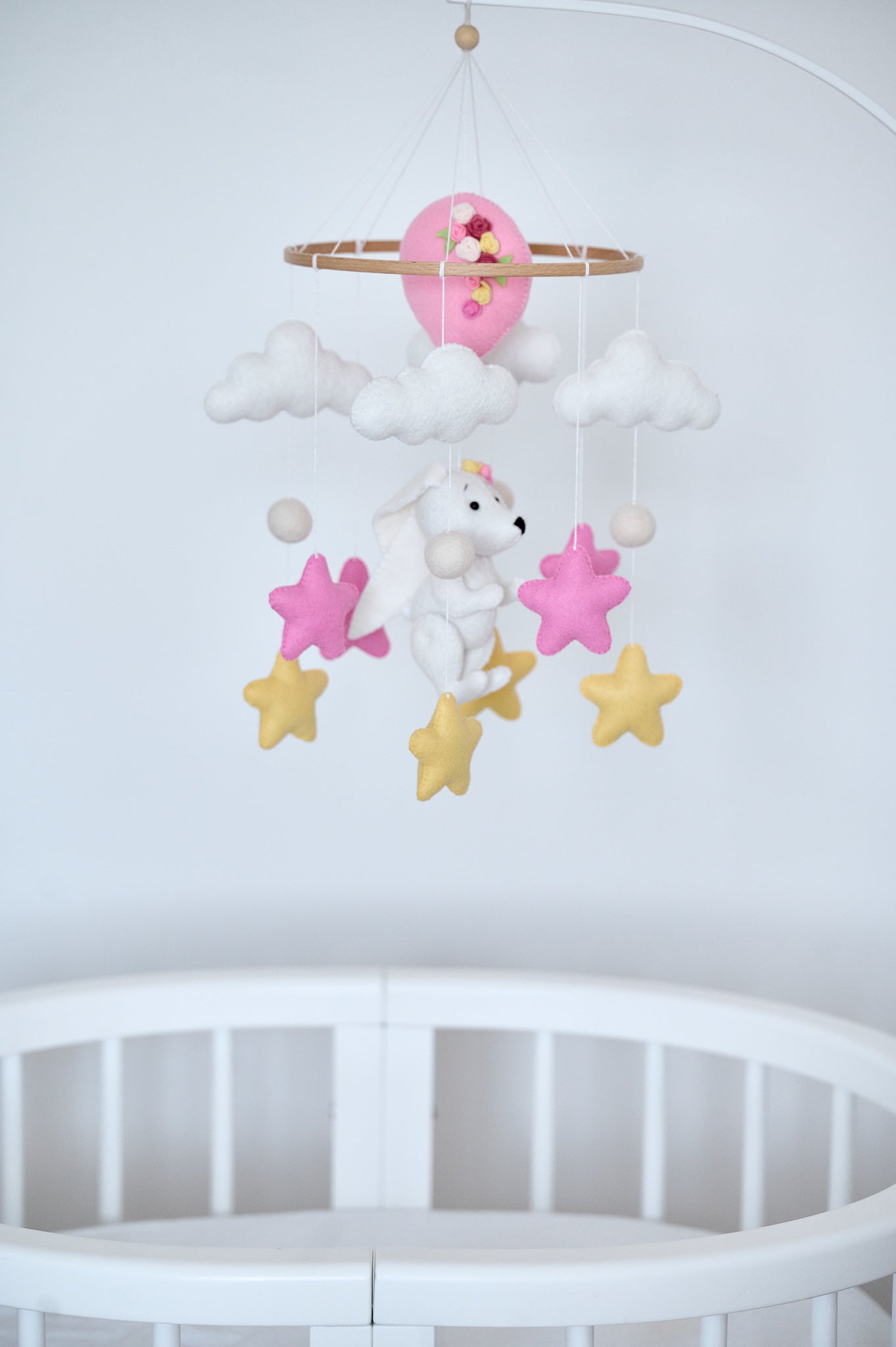 Nursery girl baby crib mobile, bunny baby cot mobile