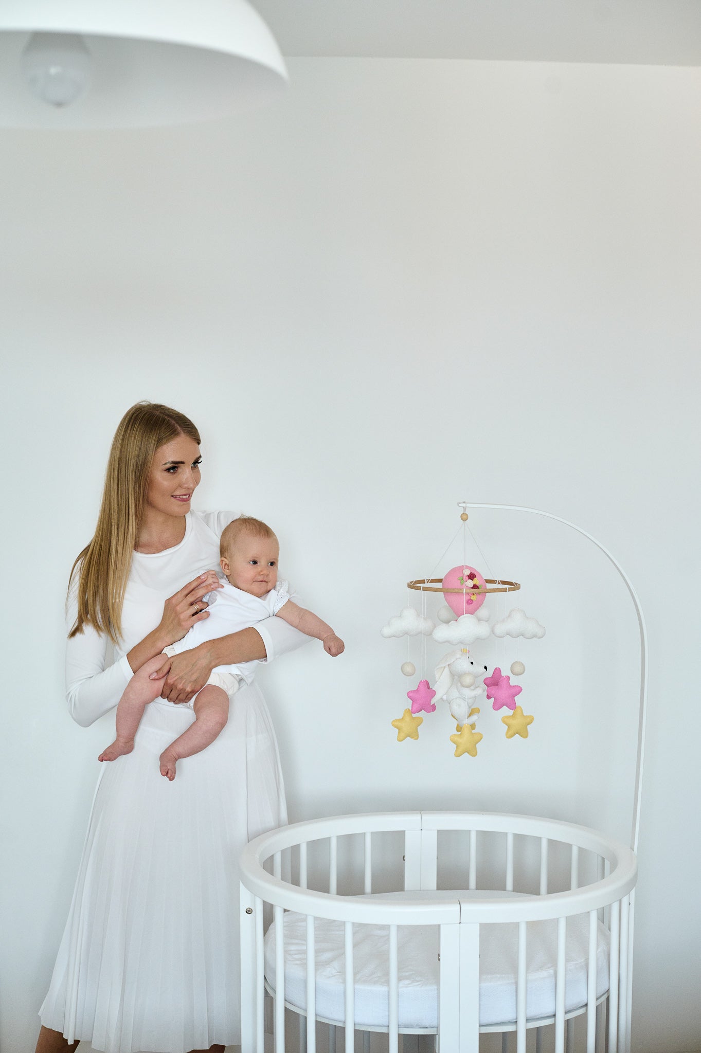 Nursery girl baby crib mobile, bunny baby cot mobile