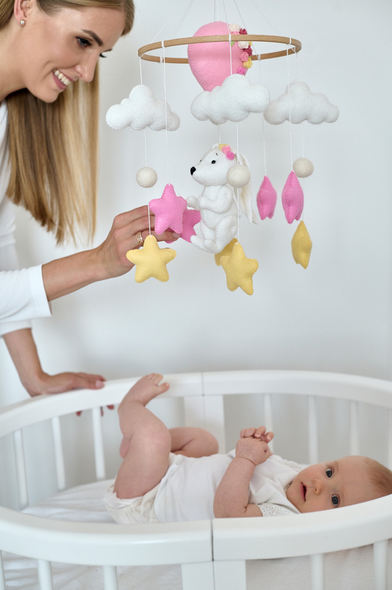 Nursery girl baby crib mobile, bunny baby cot mobile